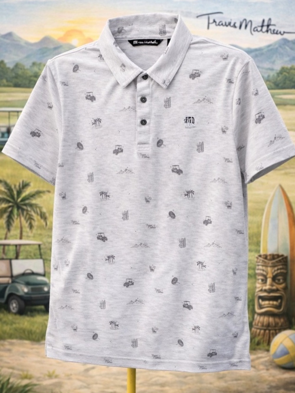 Travis Mathew Light Gray Heather Polo with Mini Print